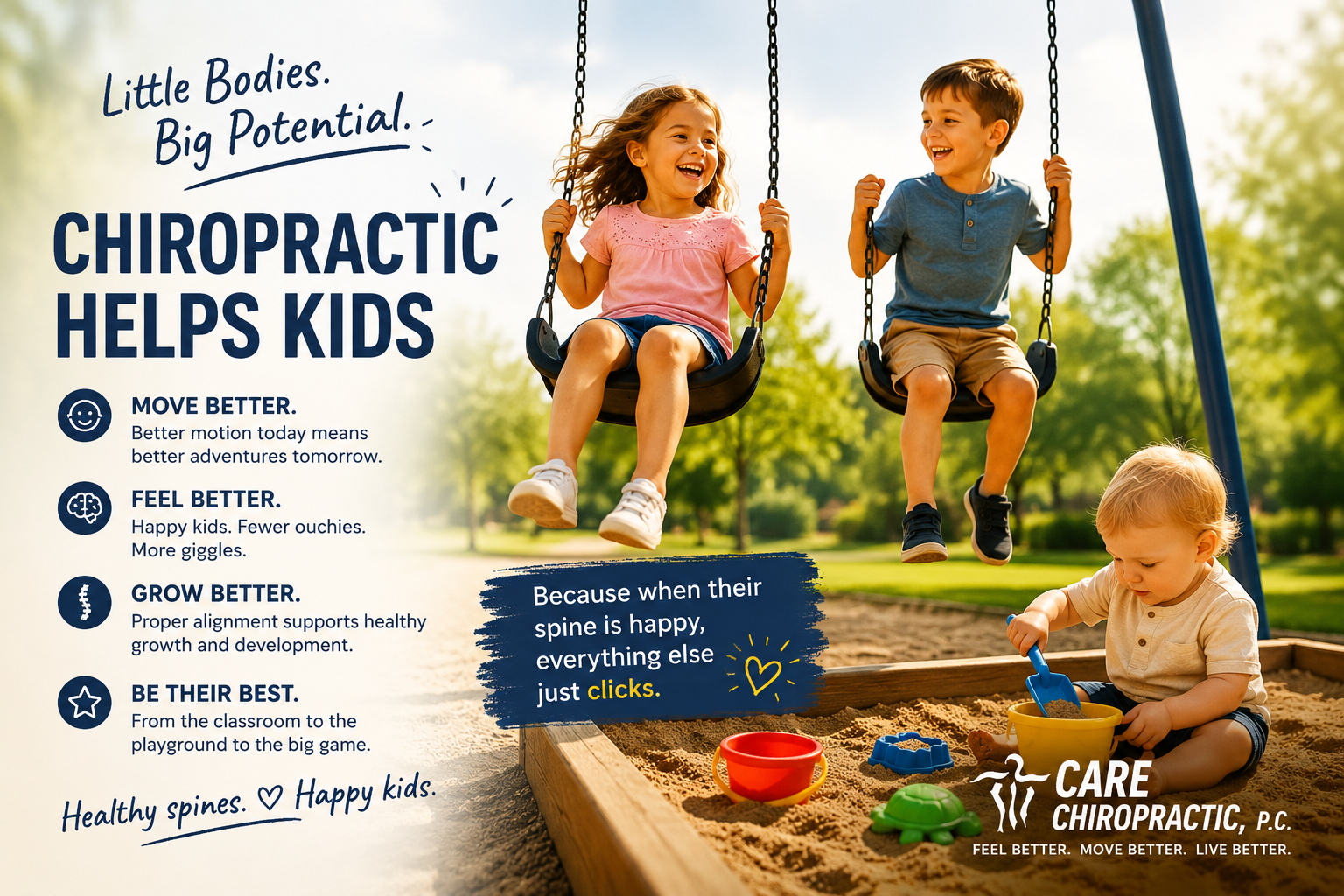 Pediatric Chiropractic Care helps. kids move better, feel better and be their best. Pediatric Chiropractic Care at Care Chiropractic in Marion IA 52302.
