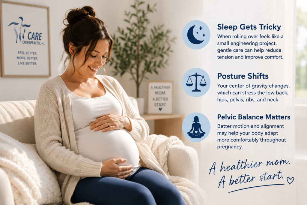 💙 Sleep Gets Tricky When rolling over feels like a small engineering project, gentle care can help reduce tension and improve comfort. ⚖️ Posture Shifts Your center of gravity changes, which can stress the low back, hips, pelvis, ribs, and neck. 🧘 Pelvic Balance Matters Better motion and alignment may help your body adapt more comfortably throughout pregnancy.