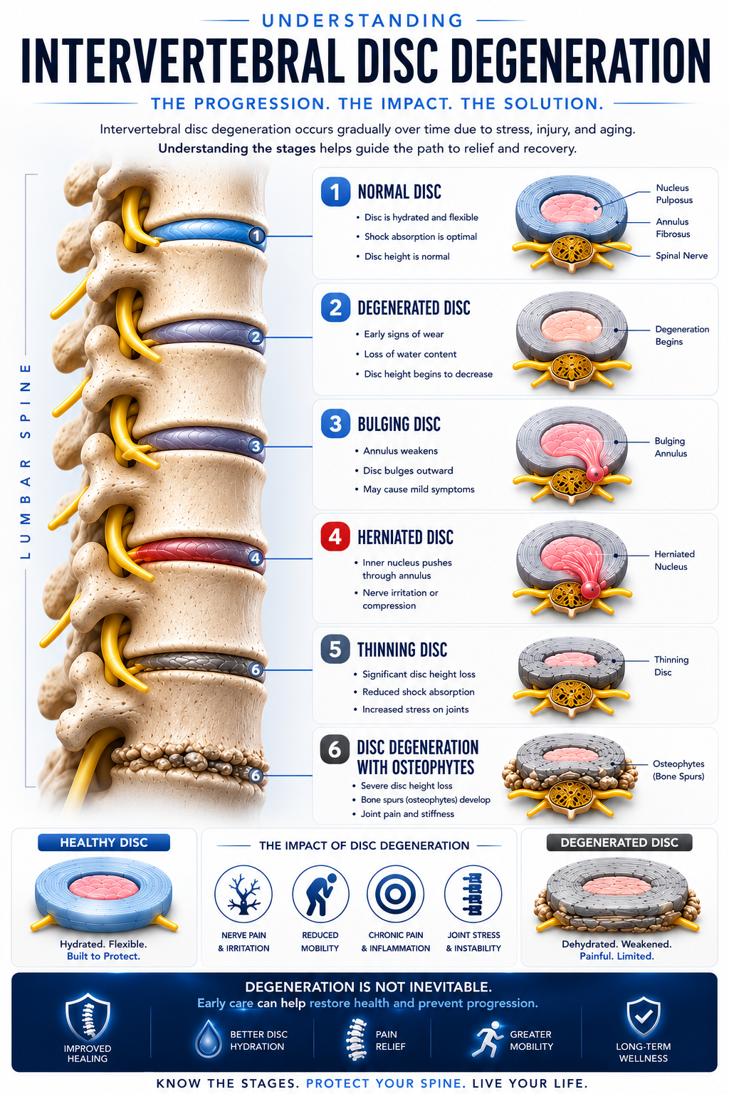 Different stages of Intervertebral. Disc Degeneration. This can be treated with Spinal Decompression at Care Chiropractic in Marion IA.
